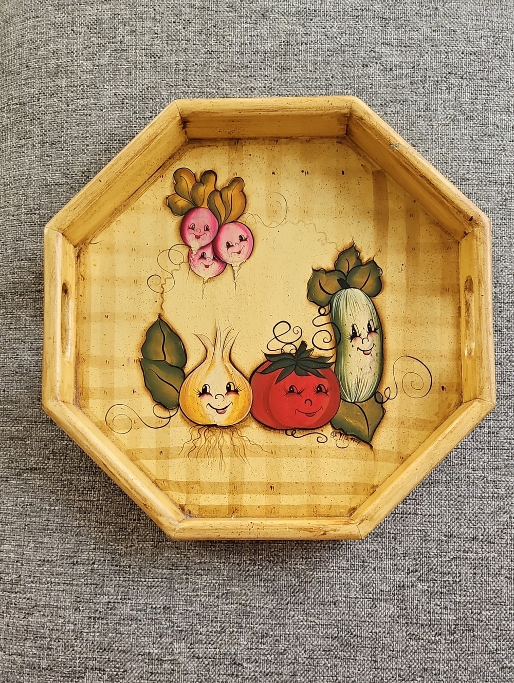 Vintage Signed 13" Octagonal Wooden Tray Hand Painted Kitsch